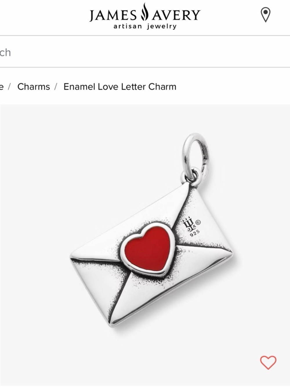 James Avery Silver Envelope Charm with Red Heart Enamel